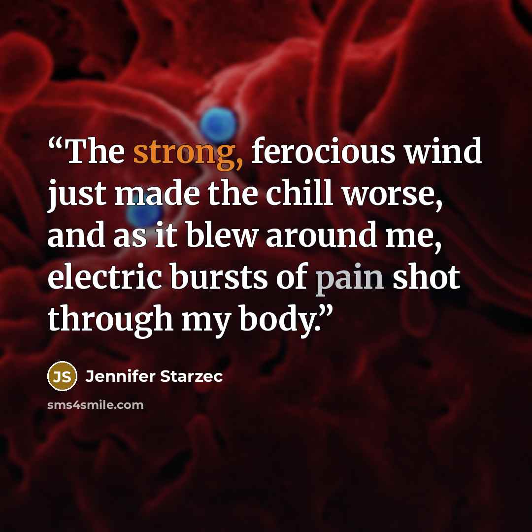“The strong, ferocious wind just made the chill worse, and as it blew around me, electric bursts of pain shot through my body.” quote by Jennifer Starzec