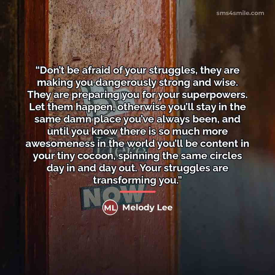 “Don’t be afraid of your struggles, they are making you dangerously strong and wise. They are preparing you for your superpowers. Let them happen, otherwise you’ll stay in the same damn place you’ve always been, and until you know there is so much more awesomeness in the world you’ll be content in…” quote by Melody Lee