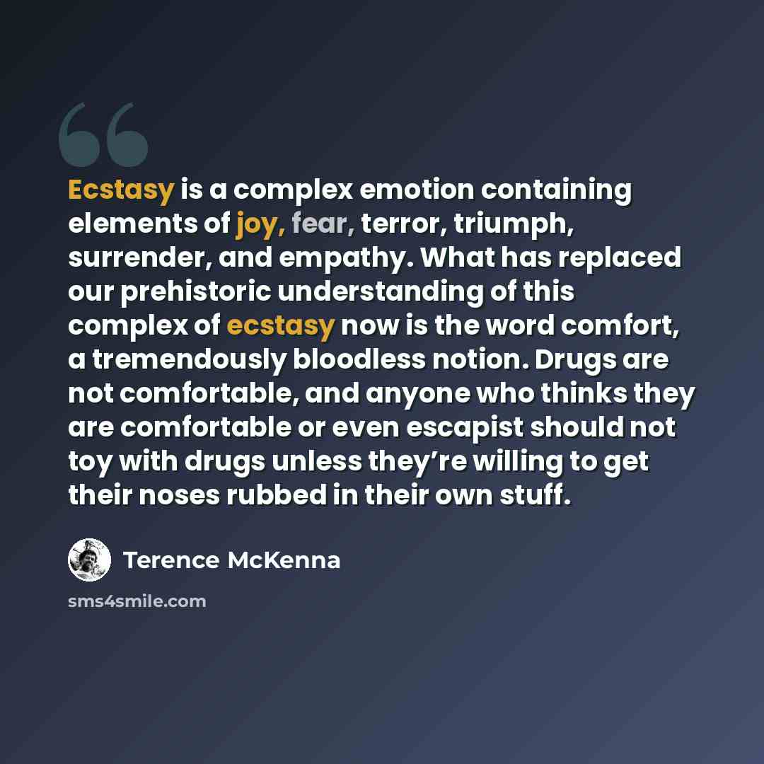 “Ecstasy is a complex emotion containing elements of joy, fear, terror, triumph, surrender, and empathy. What has replaced our prehistoric understanding of this complex of ecstasy now is the word comfort, a tremendously bloodless notion. Drugs are not comfortable, and anyone who thinks they are…” quote by Terence McKenna