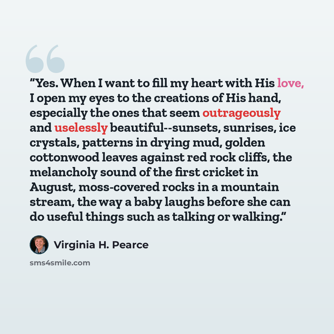 “Yes. When I want to fill my heart with His love, I open my eyes to the creations of His hand, especially the ones that seem outrageously and uselessly beautiful--sunsets, sunrises, ice crystals, patterns in drying mud, golden cottonwood leaves against red rock cliffs, the melancholy sound of the…” quote by Virginia H. Pearce