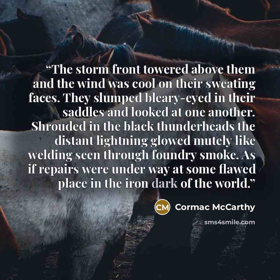 “The storm front towered above them and the wind was cool on their sweating faces. They slumped bleary-eyed in their saddles and looked at one another. Shrouded in the black thunderheads the distant lightning glowed mutely like welding seen through foundry smoke. As if repairs were under way at…” quote by Cormac McCarthy