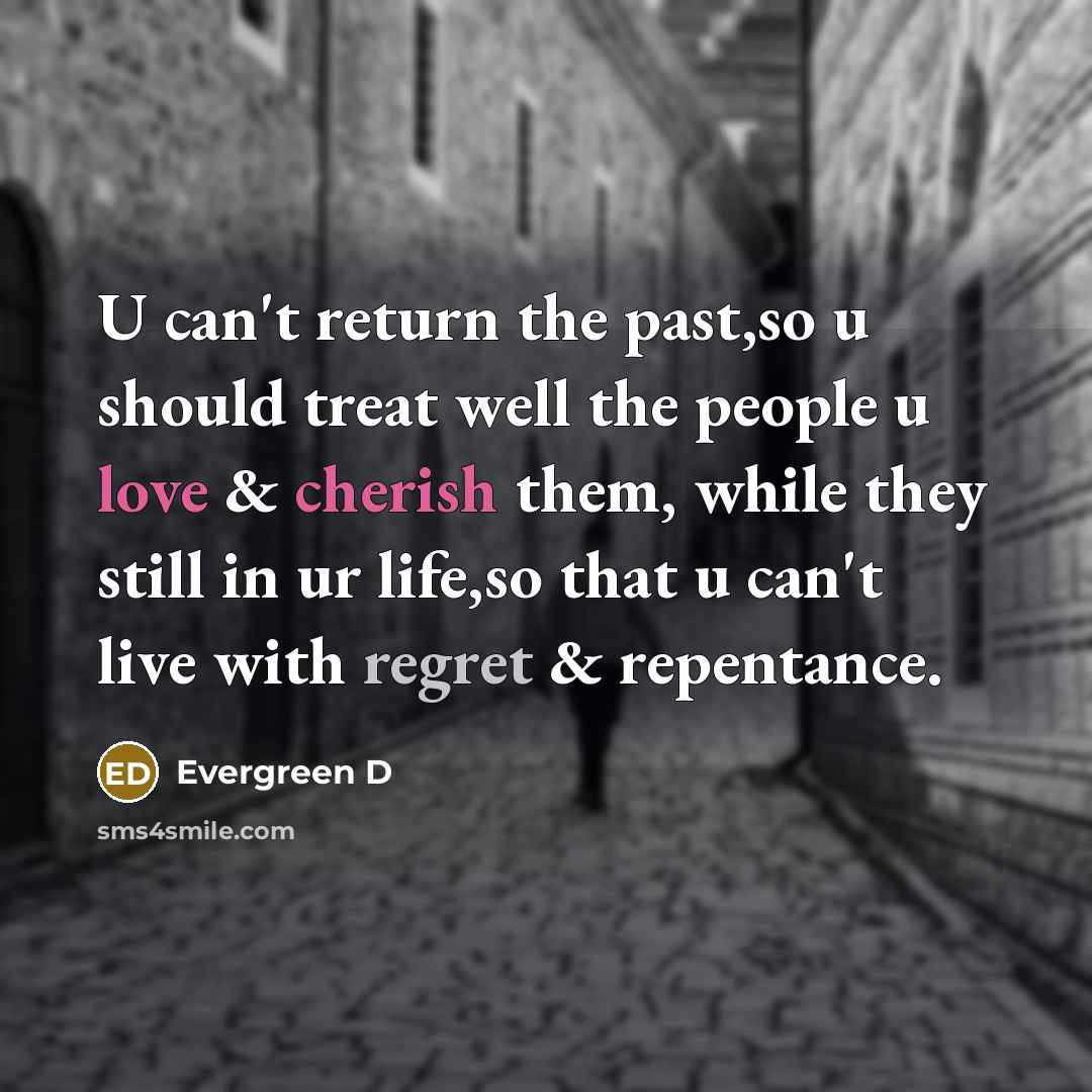 “U can't return the past,so u should treat well the people u love & cherish them, while they still in ur life,so that u can't live with regret & repentance.” quote by Evergreen D