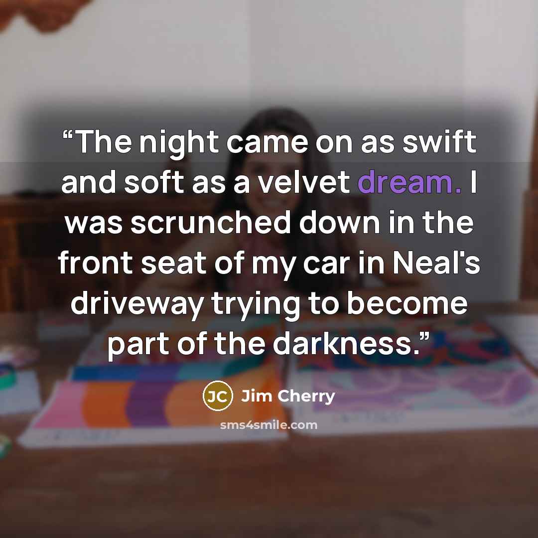 “The night came on as swift and soft as a velvet dream. I was scrunched down in the front seat of my car in Neal's driveway trying to become part of the darkness.” quote by Jim Cherry