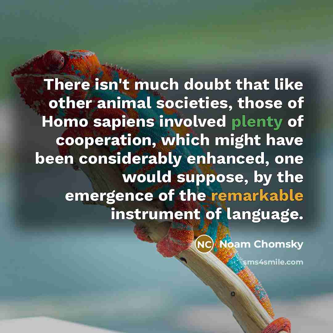 “There isn't much doubt that like other animal societies, those of Homo sapiens involved plenty of cooperation, which might have been considerably enhanced, one would suppose, by the emergence of the remarkable instrument of language.” quote by Noam Chomsky
