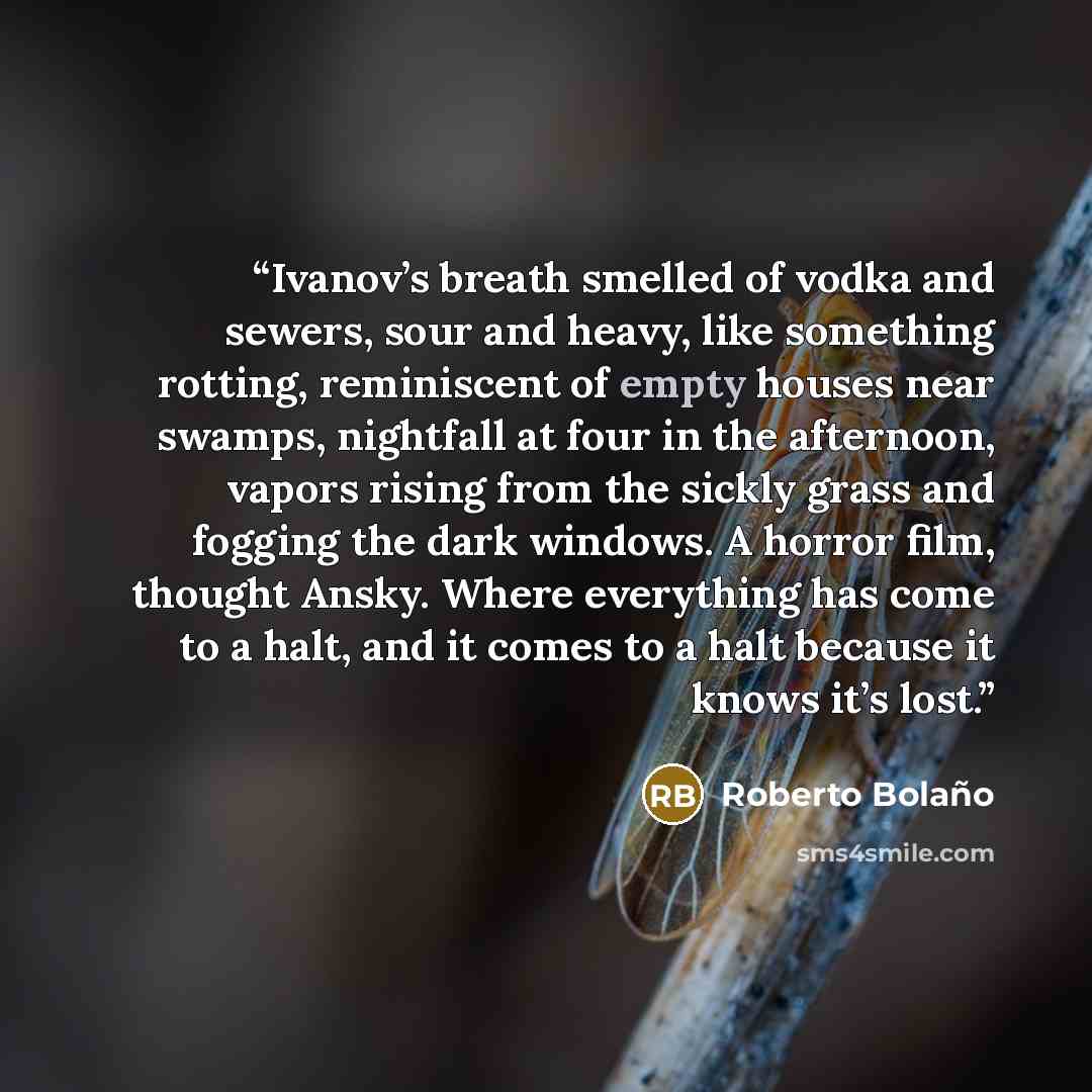 “Ivanov’s breath smelled of vodka and sewers, sour and heavy, like something rotting, reminiscent of empty houses near swamps, nightfall at four in the afternoon, vapors rising from the sickly grass and fogging the dark windows. A horror film, thought Ansky. Where everything has come to a halt, and…” quote by Roberto Bolaño