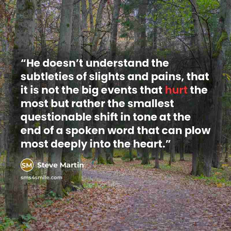 “He doesn’t understand the subtleties of slights and pains, that it is not the big events that hurt the most but rather the smallest questionable shift in tone at the end of a spoken word that can plow most deeply into the heart.” quote by Steve Martin