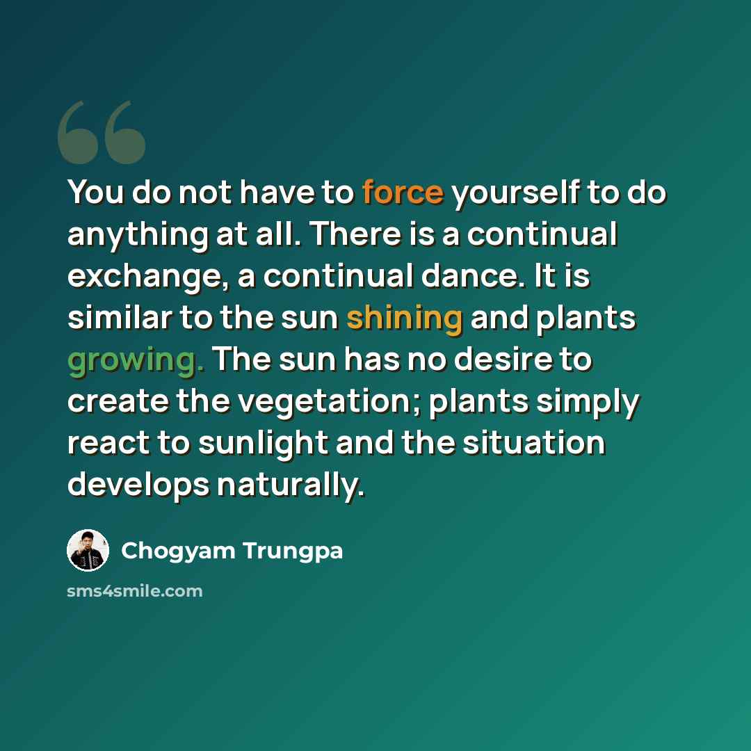 “You do not have to force yourself to do anything at all. There is a continual exchange, a continual dance. It is similar to the sun shining and plants growing. The sun has no desire to create the vegetation; plants simply react to sunlight and the situation develops naturally.” quote by Chogyam Trungpa