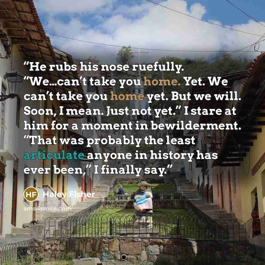 “He rubs his nose ruefully. “We…can’t take you home. Yet. We can’t take you home yet. But we will. Soon, I mean. Just not yet.” I stare at him for a moment in bewilderment. “That was probably the least articulate anyone in history has ever been,” I finally say.” quote by Haley Fisher