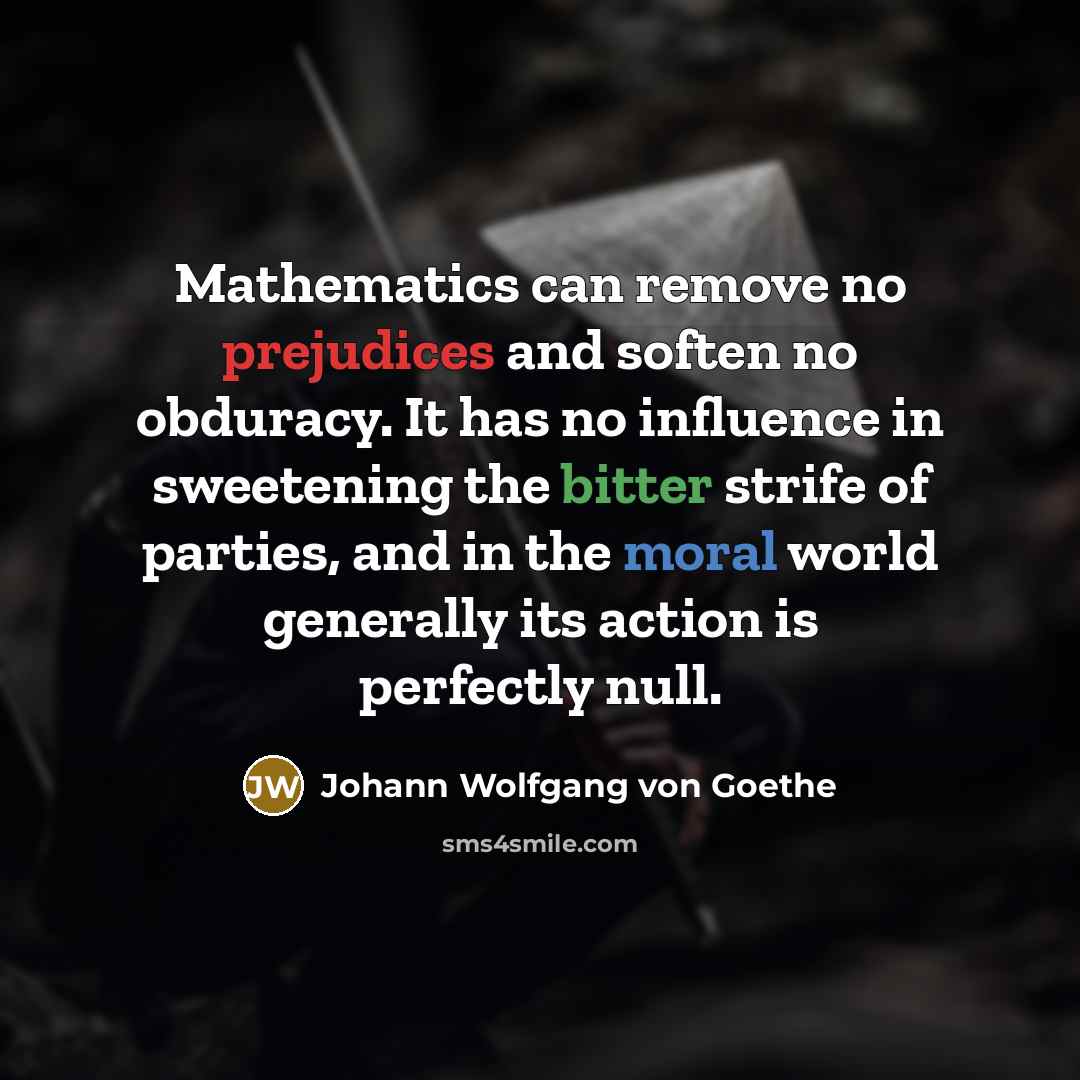 “Mathematics can remove no prejudices and soften no obduracy. It has no influence in sweetening the bitter strife of parties, and in the moral world generally its action is perfectly null.” quote by Johann Wolfgang von Goethe