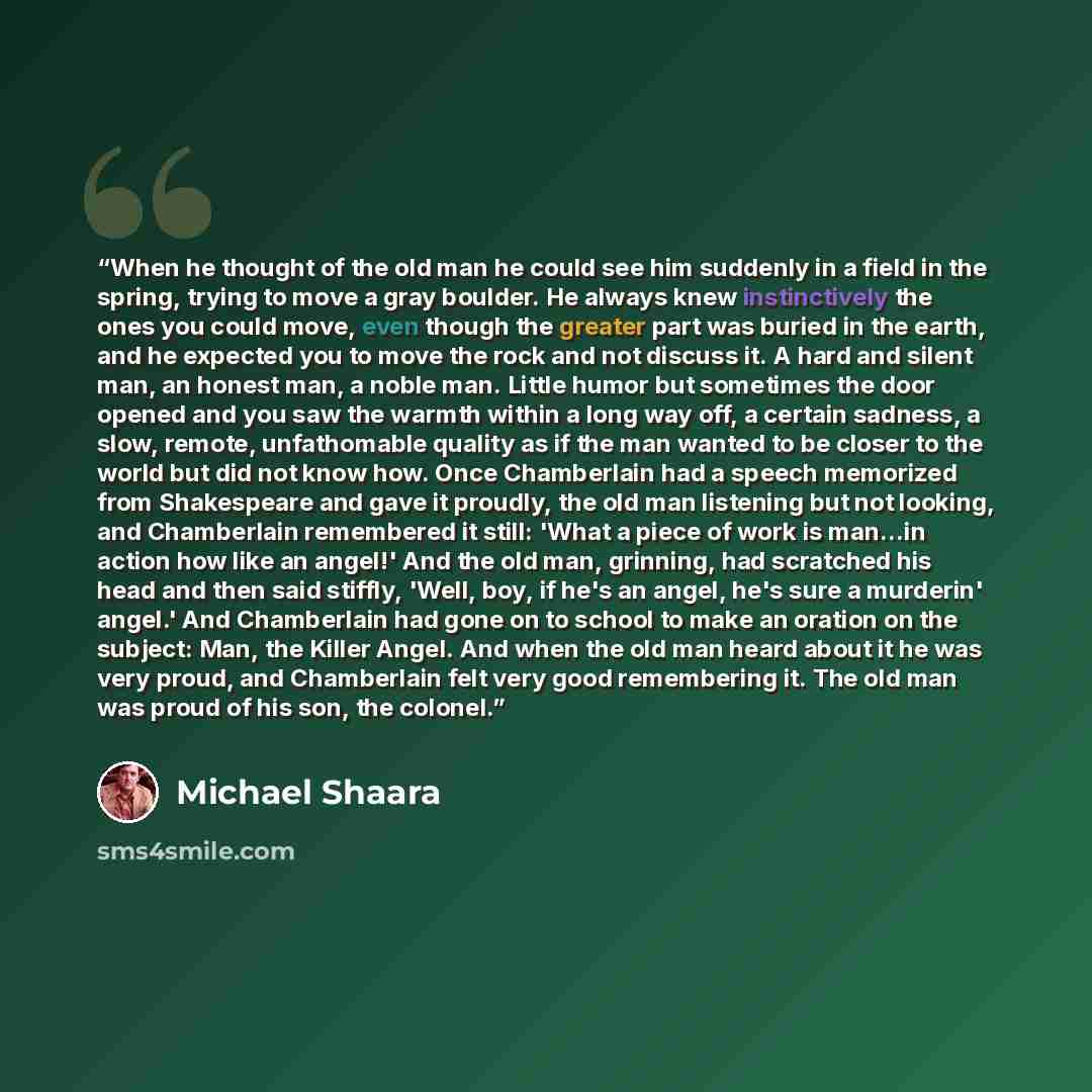 “When he thought of the old man he could see him suddenly in a field in the spring, trying to move a gray boulder. He always knew instinctively the ones you could move, even though the greater part was buried in the earth, and he expected you to move the rock and not discuss it. A hard and silent…” quote by Michael Shaara