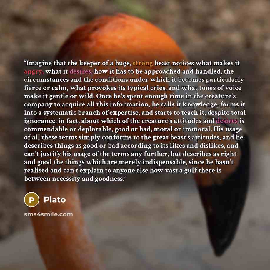 “Imagine that the keeper of a huge, strong beast notices what makes it angry, what it desires, how it has to be approached and handled, the circumstances and the conditions under which it becomes particularly fierce or calm, what provokes its typical cries, and what tones of voice make it gentle or…” quote by Plato