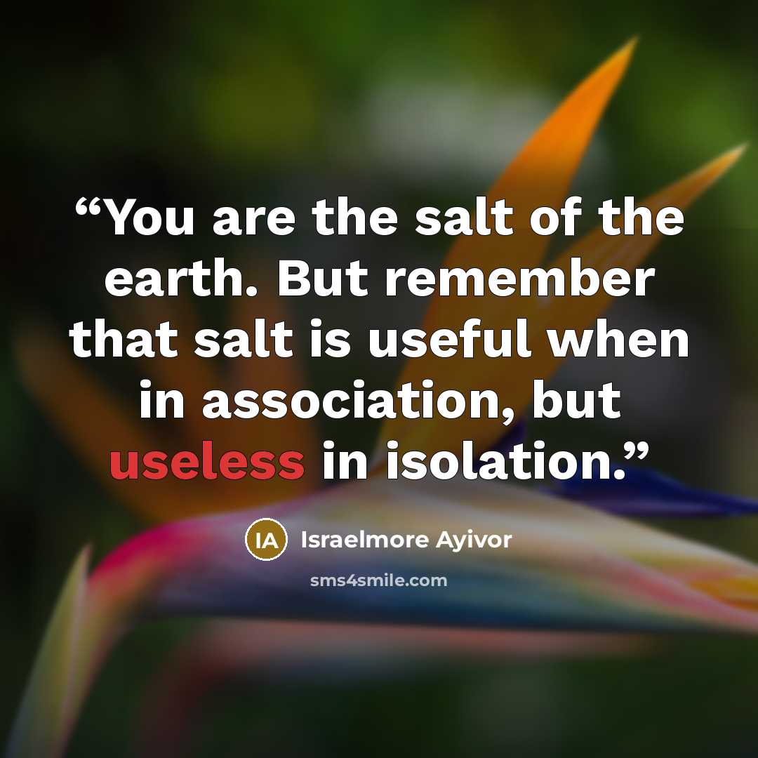 “You are the salt of the earth. But remember that salt is useful when in association, but useless in isolation.” quote by Israelmore Ayivor