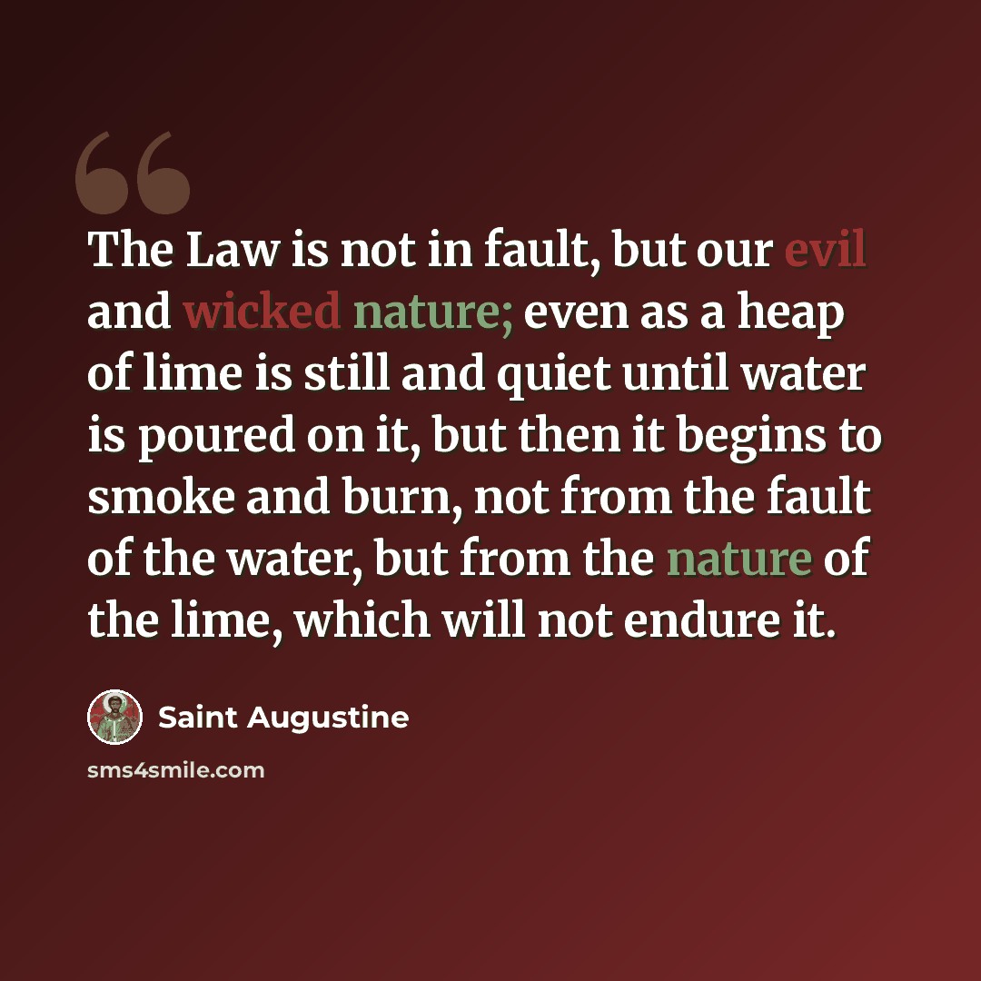 “The Law is not in fault, but our evil and wicked nature; even as a heap of lime is still and quiet until water is poured on it, but then it begins to smoke and burn, not from the fault of the water, but from the nature of the lime, which will not endure it.” quote by Saint Augustine