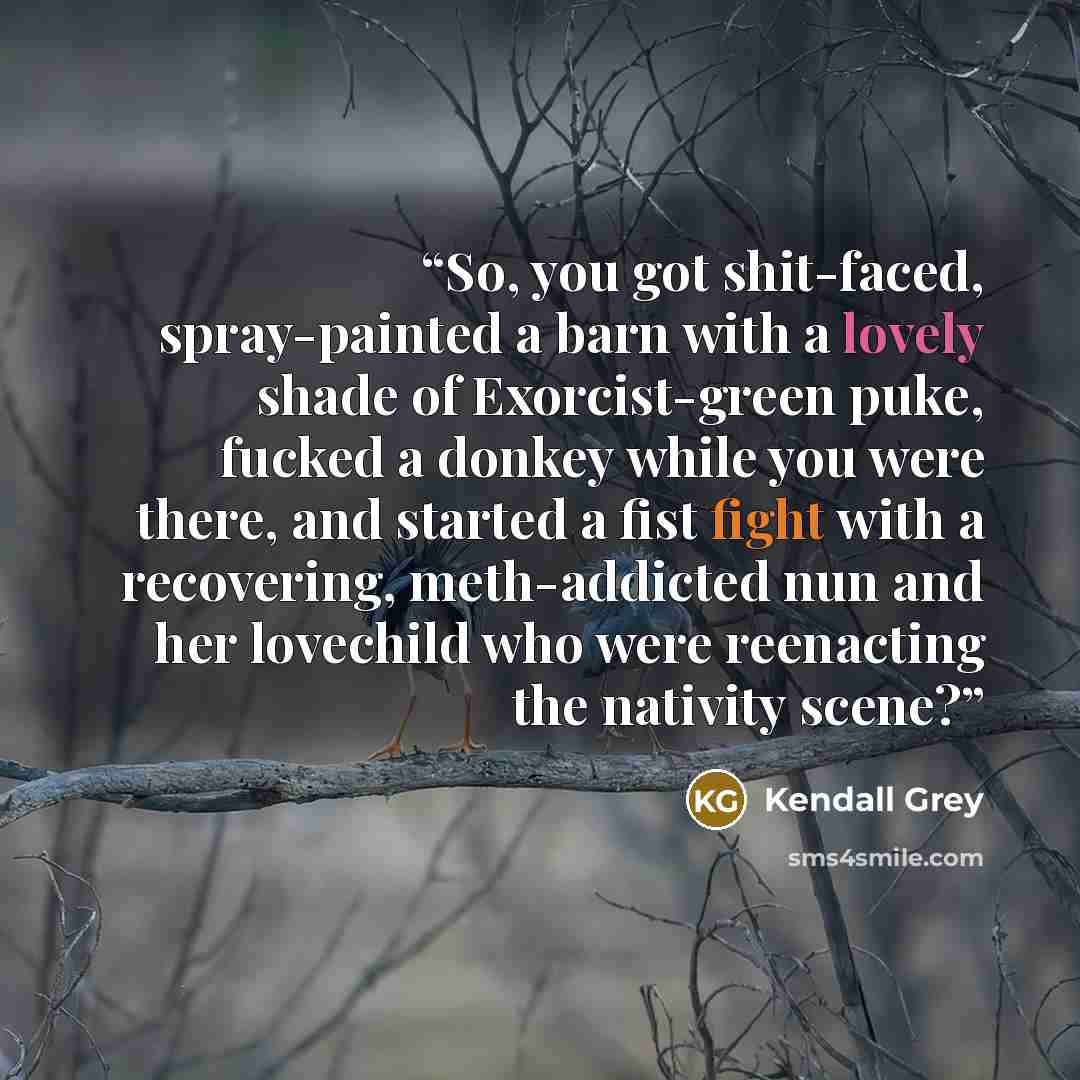 “So, you got shit-faced, spray-painted a barn with a lovely shade of Exorcist-green puke, fucked a donkey while you were there, and started a fist fight with a recovering, meth-addicted nun and her lovechild who were reenacting the nativity scene?” quote by Kendall Grey