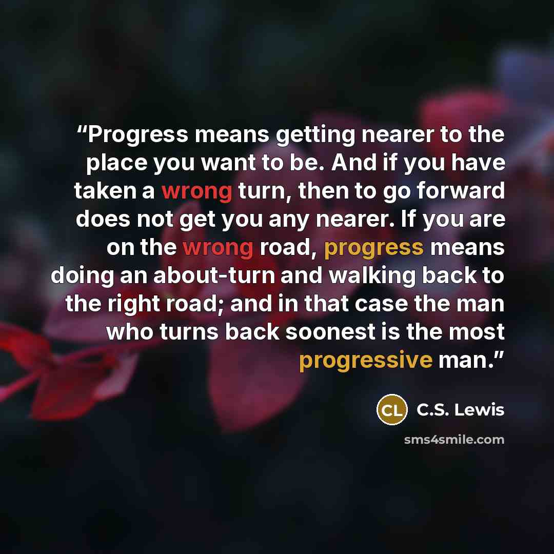 “Progress means getting nearer to the place you want to be. And if you have taken a wrong turn, then to go forward does not get you any nearer. If you are on the wrong road, progress means doing an about-turn and walking back to the right road; and in that case the man who turns back soonest is the…” quote by C.S. Lewis
