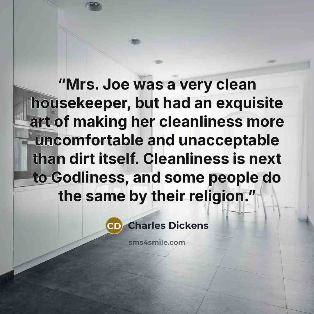 “Mrs. Joe was a very clean housekeeper, but had an exquisite art of making her cleanliness more uncomfortable and unacceptable than dirt itself. Cleanliness is next to Godliness, and some people do the same by their religion.” quote by Charles Dickens