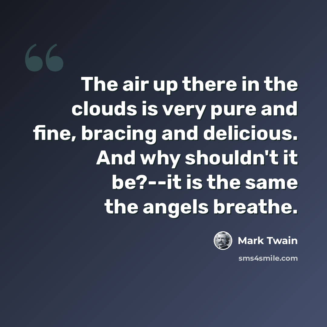 “The air up there in the clouds is very pure and fine, bracing and delicious. And why shouldn't it be?--it is the same the angels breathe.” quote by Mark Twain