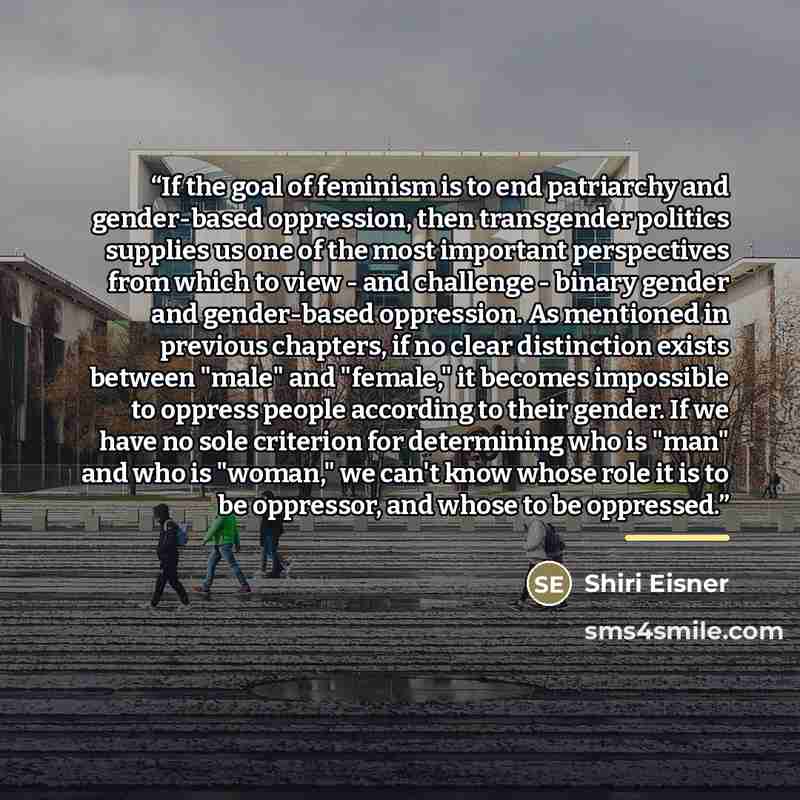 “If the goal of feminism is to end patriarchy and gender-based oppression, then transgender politics supplies us one of the most important perspectives from which to view - and challenge - binary gender and gender-based oppression. As mentioned in previous chapters, if no clear distinction exists…” quote by Shiri Eisner