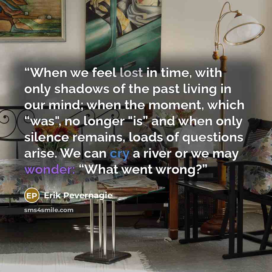 “When we feel lost in time, with only shadows of the past living in our mind; when the moment, which “was", no longer "is” and when only silence remains, loads of questions arise. We can cry a river or we may wonder: “What went wrong?” quote by Erik Pevernagie
