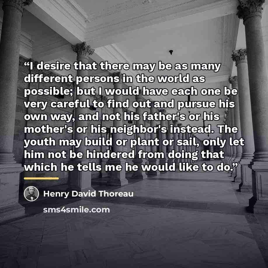 “I desire that there may be as many different persons in the world as possible; but I would have each one be very careful to find out and pursue his own way, and not his father's or his mother's or his neighbor's instead. The youth may build or plant or sail, only let him not be hindered from doing…” quote by Henry David Thoreau