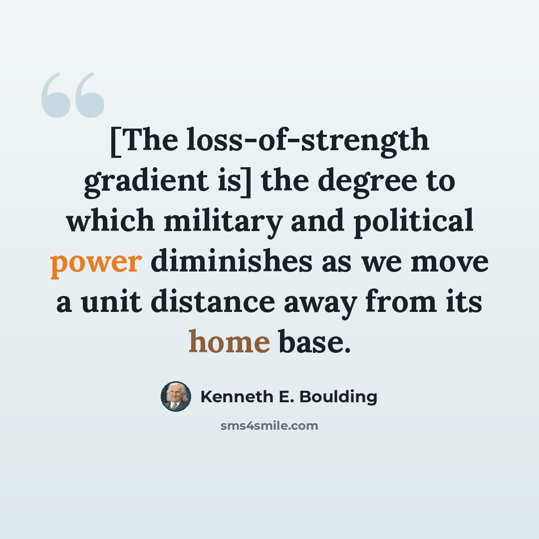 “[The loss-of-strength gradient is] the degree to which military and political power diminishes as we move a unit distance away from its home base.” quote by Kenneth E. Boulding