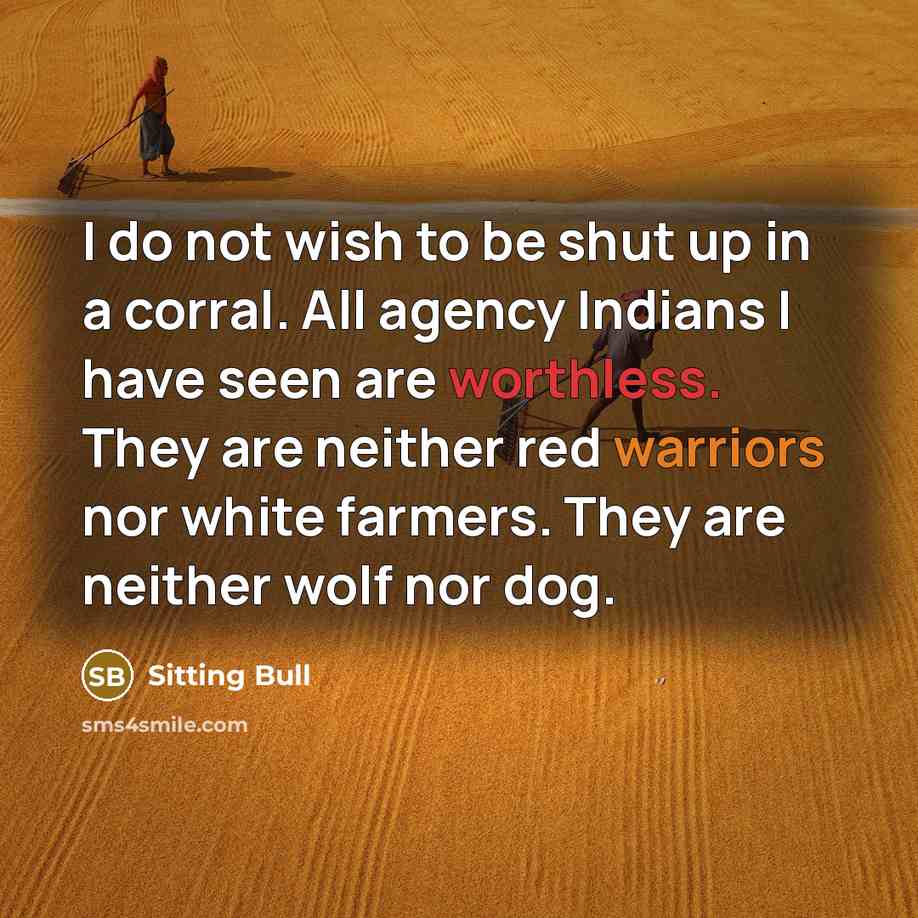 “I do not wish to be shut up in a corral. All agency Indians I have seen are worthless. They are neither red warriors nor white farmers. They are neither wolf nor dog.” quote by Sitting Bull
