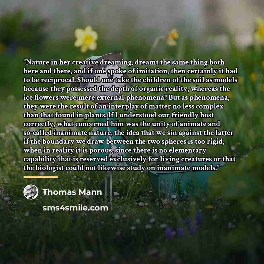 “Nature in her creative dreaming, dreamt the same thing both here and there, and if one spoke of imitation, then certainly it had to be reciprocal. Should one take the children of the soil as models because they possessed the depth of organic reality, whereas the ice flowers were mere external…” quote by Thomas Mann