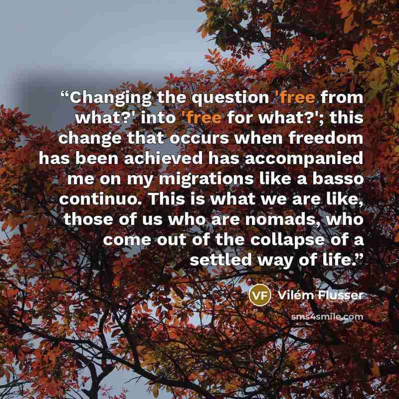 “Changing the question 'free from what?' into 'free for what?'; this change that occurs when freedom has been achieved has accompanied me on my migrations like a basso continuo. This is what we are like, those of us who are nomads, who come out of the collapse of a settled way of life.” quote by Vilém Flusser