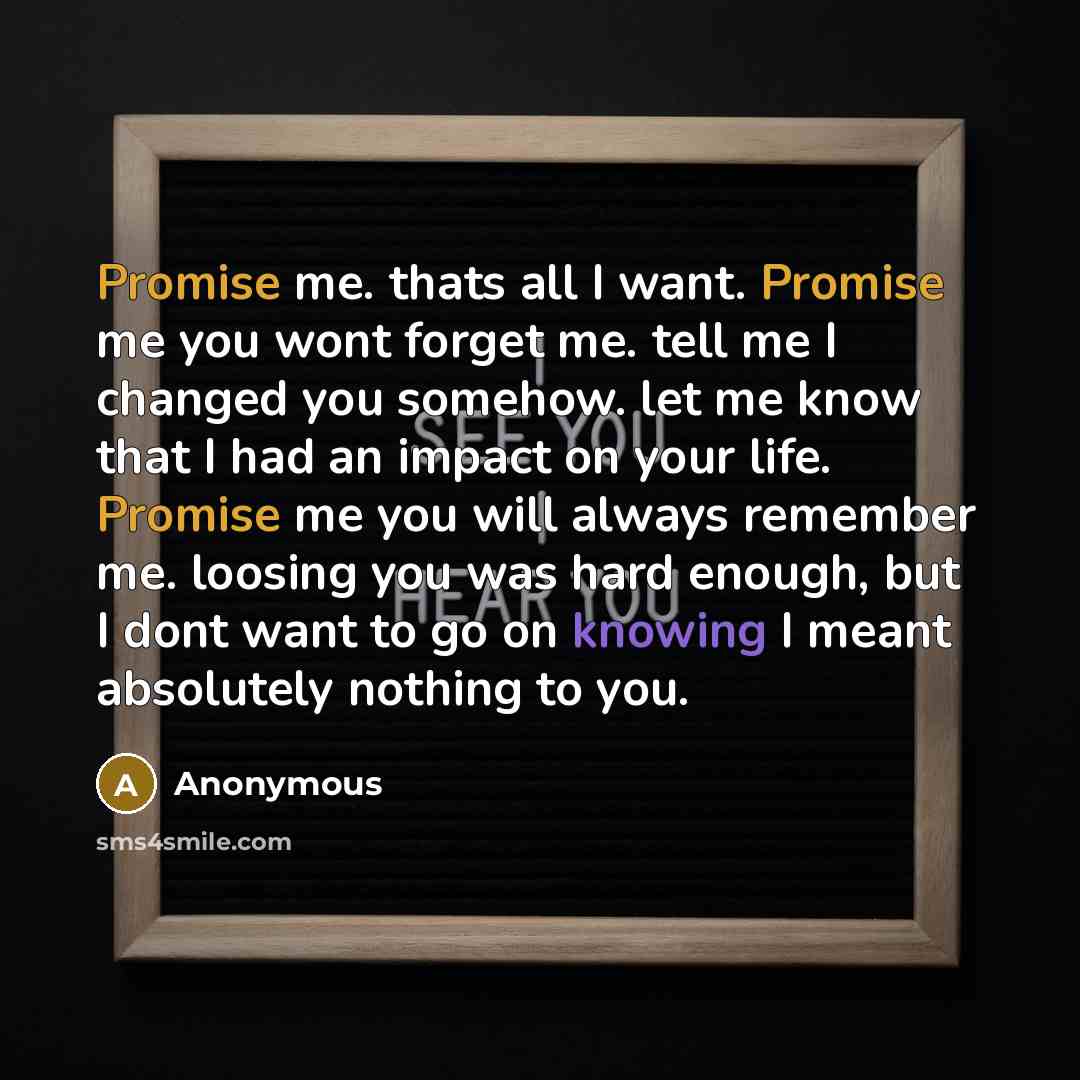 “Promise me. thats all I want. Promise me you wont forget me. tell me I changed you somehow. let me know that I had an impact on your life. Promise me you will always remember me. loosing you was hard enough, but I dont want to go on knowing I meant absolutely nothing to you.” quote by Anonymous