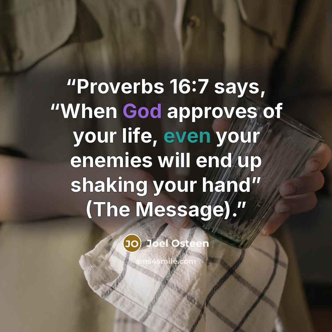 “Proverbs 16:7 says, “When God approves of your life, even your enemies will end up shaking your hand” (The Message).” quote by Joel Osteen