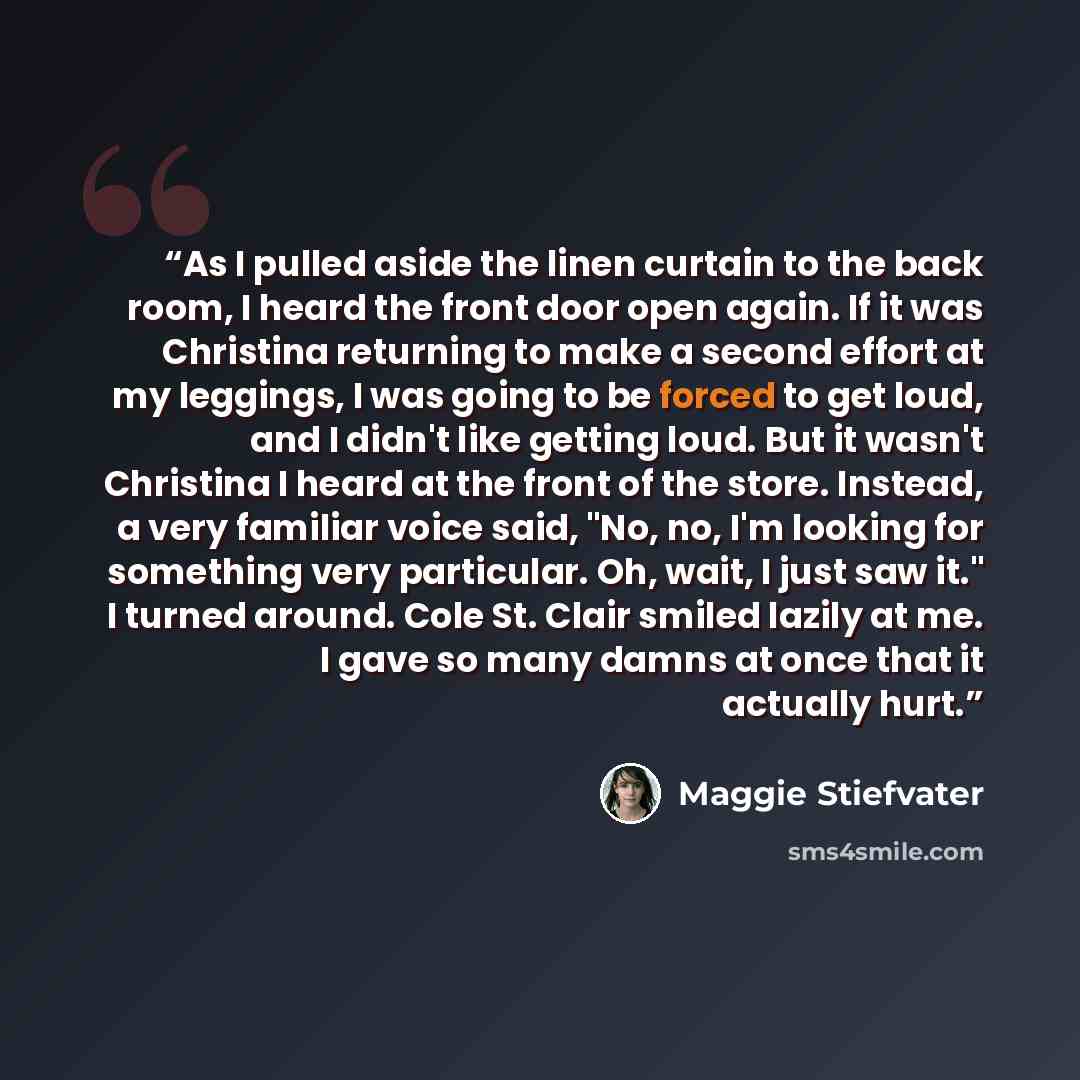 “As I pulled aside the linen curtain to the back room, I heard the front door open again. If it was Christina returning to make a second effort at my leggings, I was going to be forced to get loud, and I didn't like getting loud. But it wasn't Christina I heard at the front of the store. Instead, a…” quote by Maggie Stiefvater