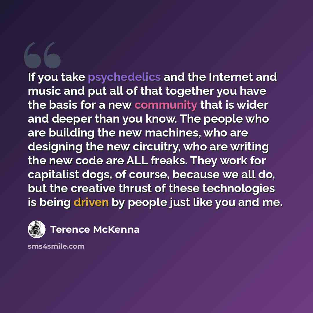 “If you take psychedelics and the Internet and music and put all of that together you have the basis for a new community that is wider and deeper than you know. The people who are building the new machines, who are designing the new circuitry, who are writing the new code are ALL freaks. They work…” quote by Terence McKenna