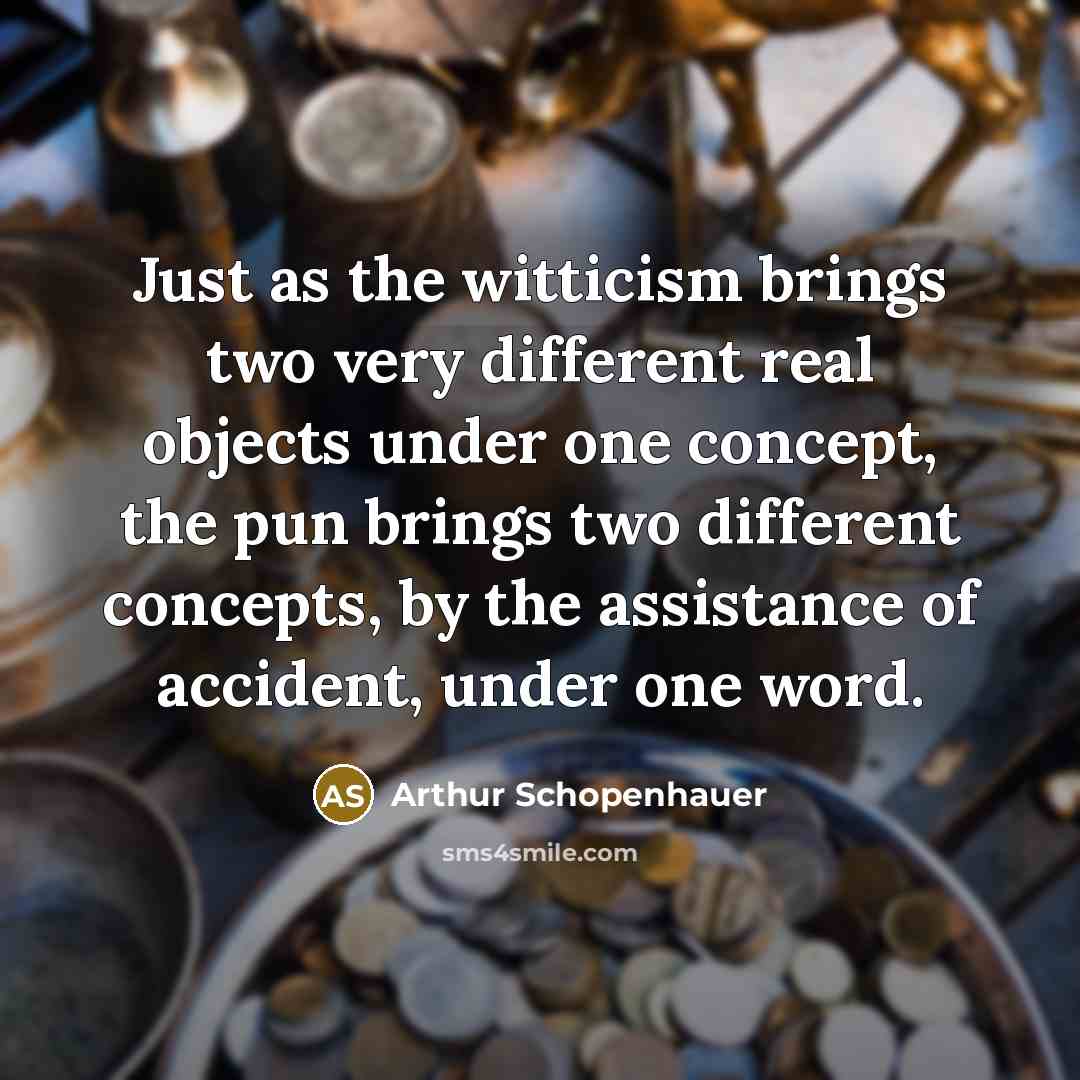 “Just as the witticism brings two very different real objects under one concept, the pun brings two different concepts, by the assistance of accident, under one word.” quote by Arthur Schopenhauer