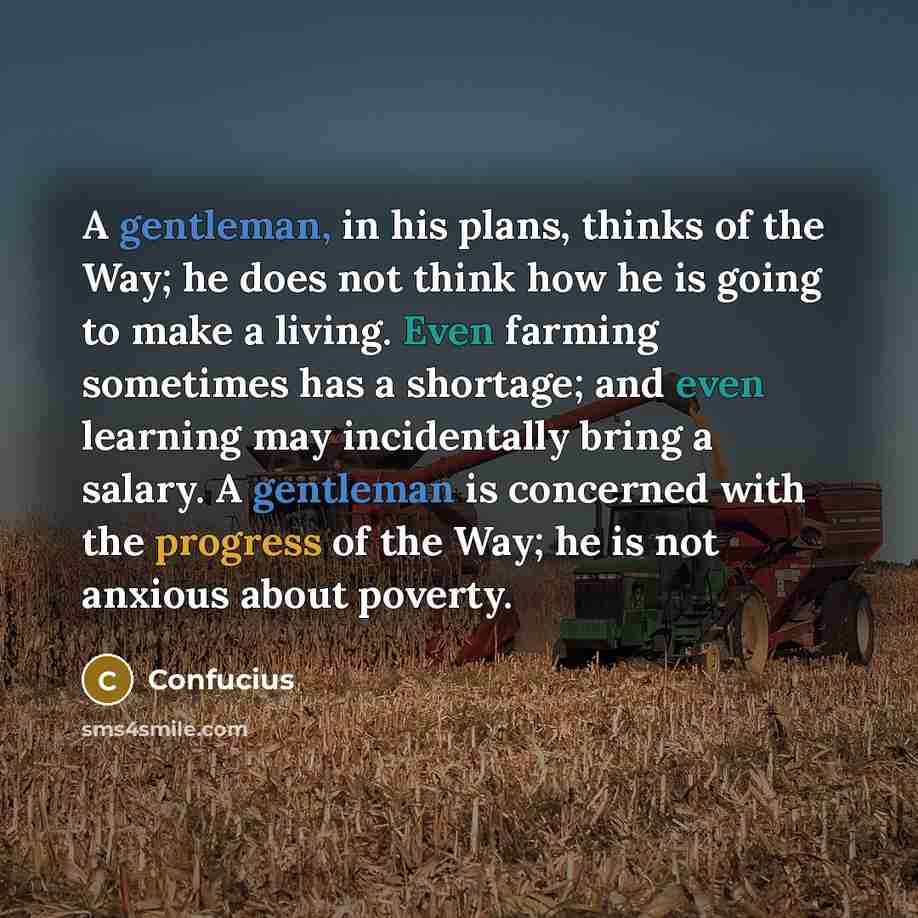 “A gentleman, in his plans, thinks of the Way; he does not think how he is going to make a living. Even farming sometimes has a shortage; and even learning may incidentally bring a salary. A gentleman is concerned with the progress of the Way; he is not anxious about poverty.” quote by Confucius