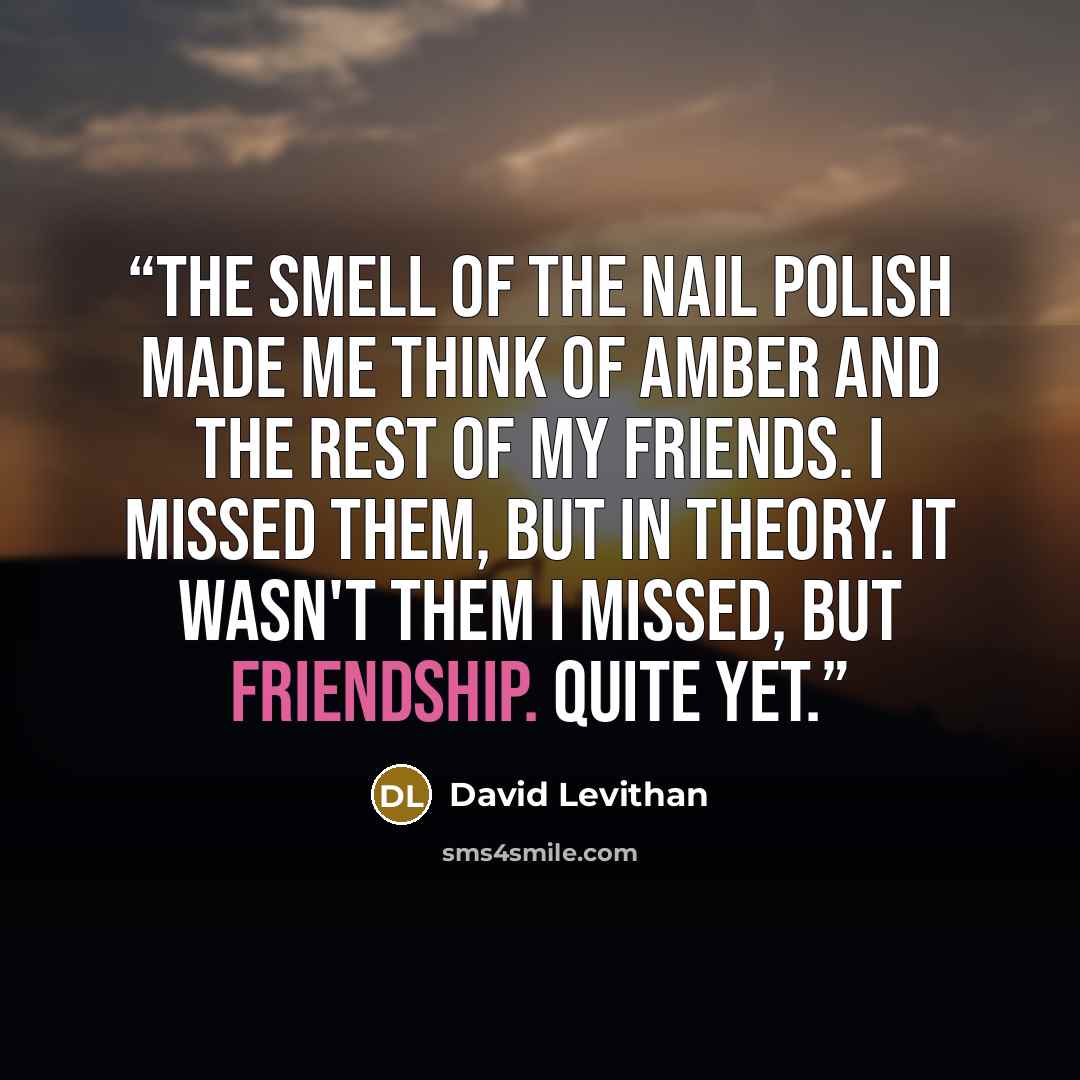 “The smell of the nail polish made me think of Amber and the rest of my friends. I missed them, but in theory. It wasn't them I missed, but friendship. QUITE YET.” quote by David Levithan