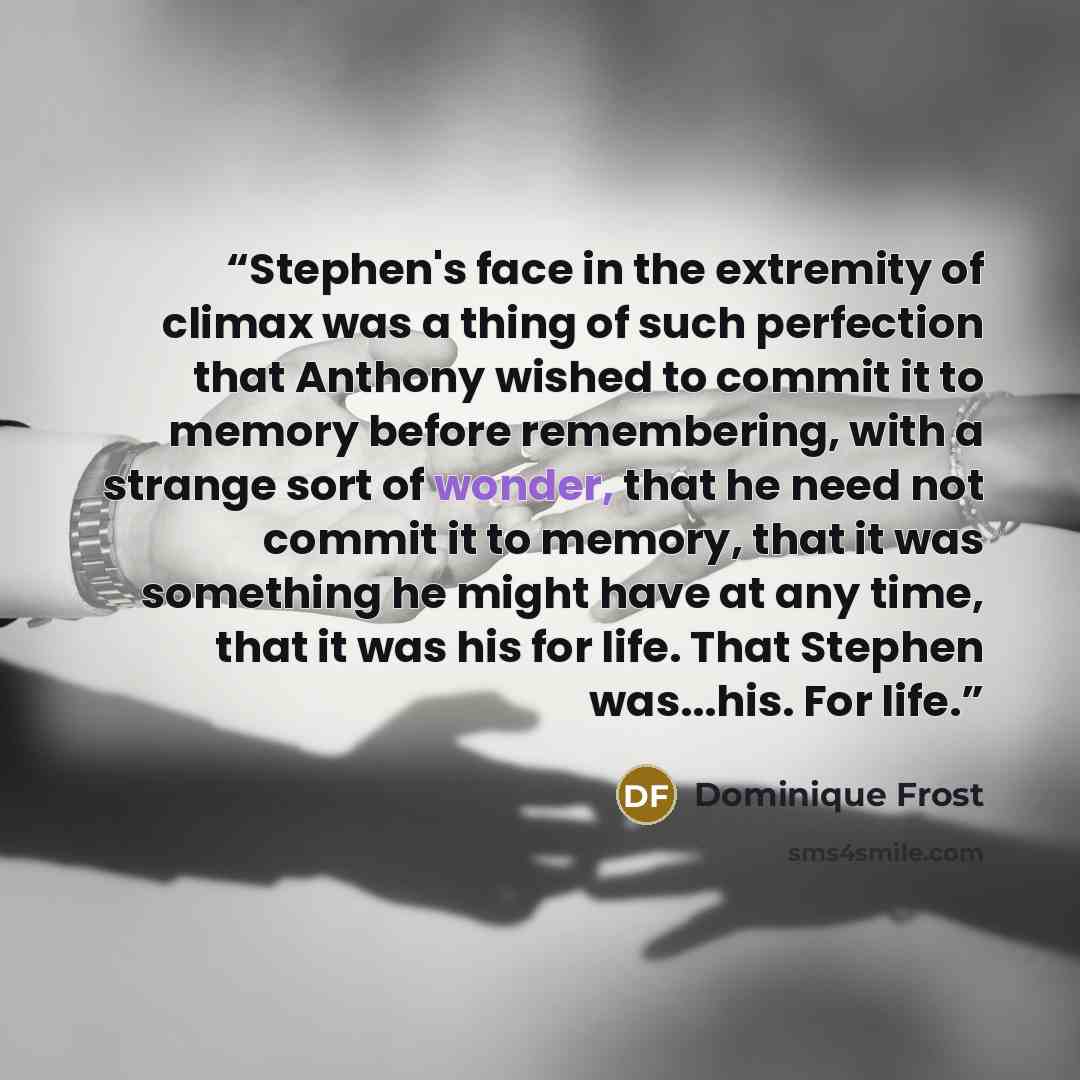 “Stephen's face in the extremity of climax was a thing of such perfection that Anthony wished to commit it to memory before remembering, with a strange sort of wonder, that he need not commit it to memory, that it was something he might have at any time, that it was his for life. That Stephen…” quote by Dominique Frost