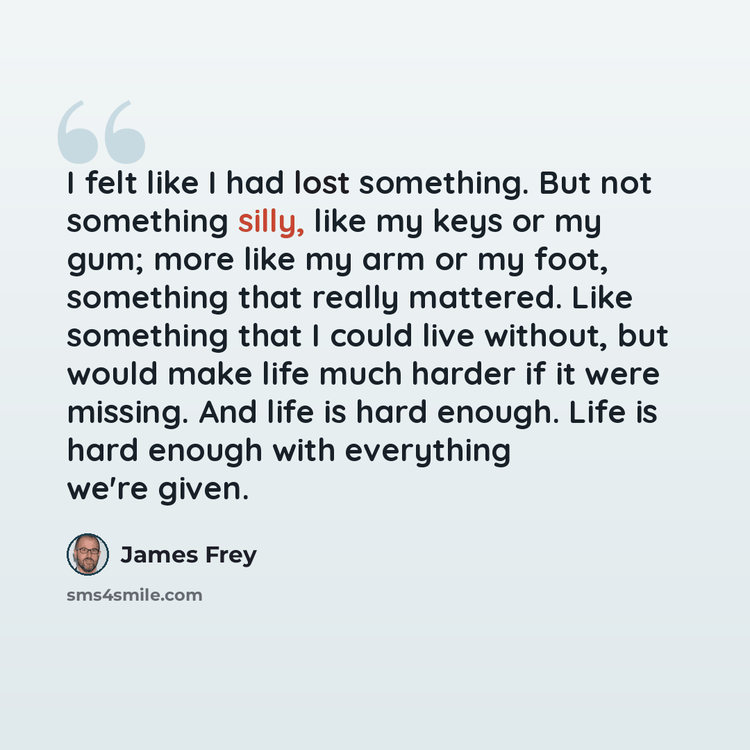 “I felt like I had lost something. But not something silly, like my keys or my gum; more like my arm or my foot, something that really mattered. Like something that I could live without, but would make life much harder if it were missing. And life is hard enough. Life is hard enough with everything…” quote by James Frey