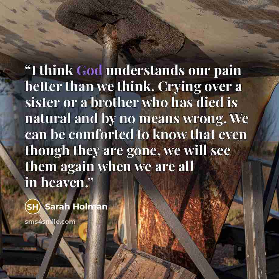 “I think God understands our pain better than we think. Crying over a sister or a brother who has died is natural and by no means wrong. We can be comforted to know that even though they are gone, we will see them again when we are all in heaven.” quote by Sarah Holman