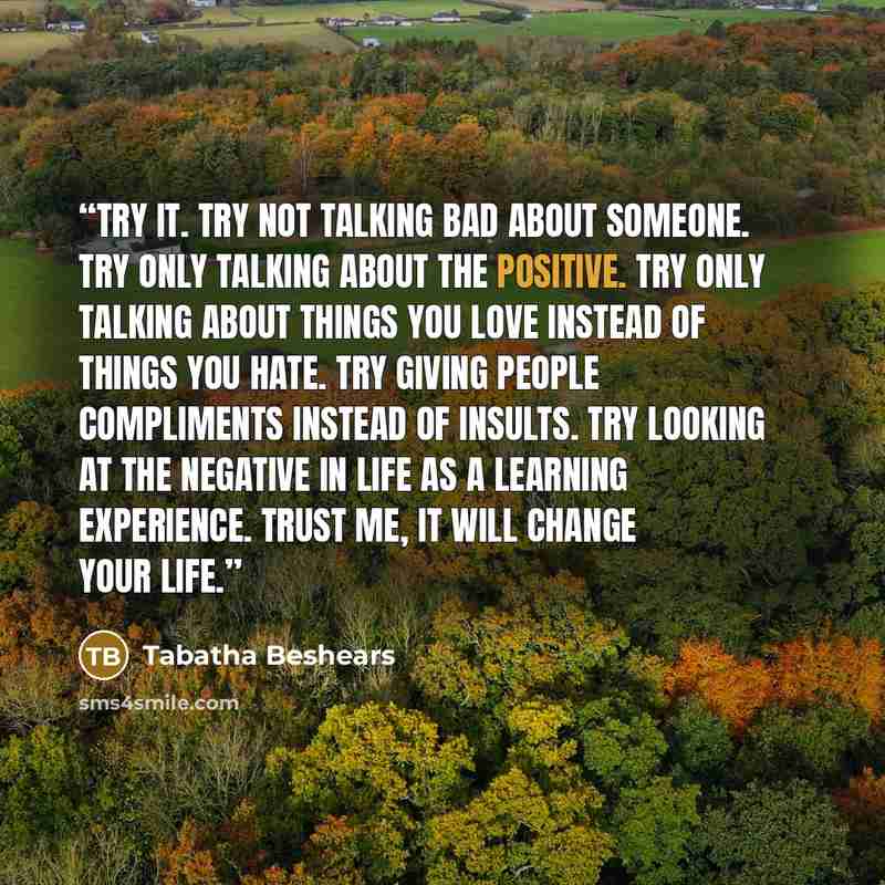 “Try it. Try not talking bad about someone. Try only talking about the positive. Try only talking about things you love instead of things you hate. Try giving people compliments instead of insults. Try looking at the negative in life as a learning experience. Trust me, it will change your life.” quote by Tabatha Beshears