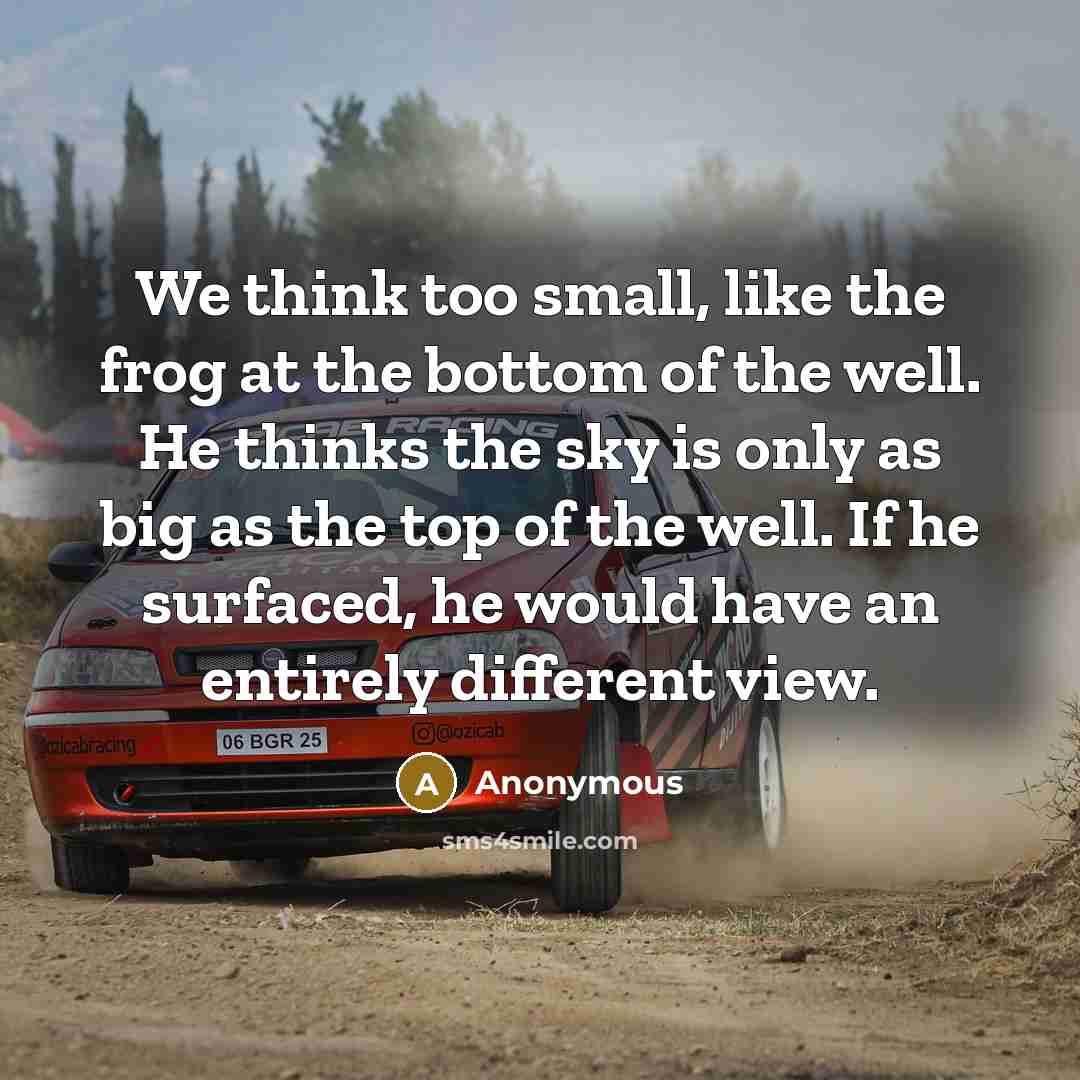 “We think too small, like the frog at the bottom of the well. He thinks the sky is only as big as the top of the well. If he surfaced, he would have an entirely different view.” quote by Anonymous