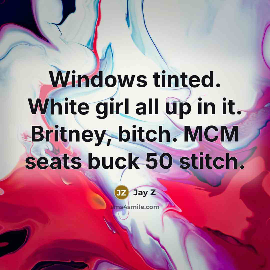 “Windows tinted. White girl all up in it. Britney, bitch. MCM seats buck 50 stitch.” quote by Jay Z