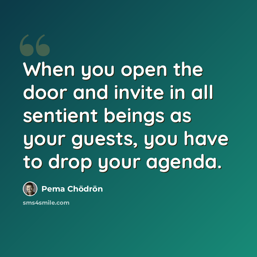 “When you open the door and invite in all sentient beings as your guests, you have to drop your agenda.” quote by Pema Chodron