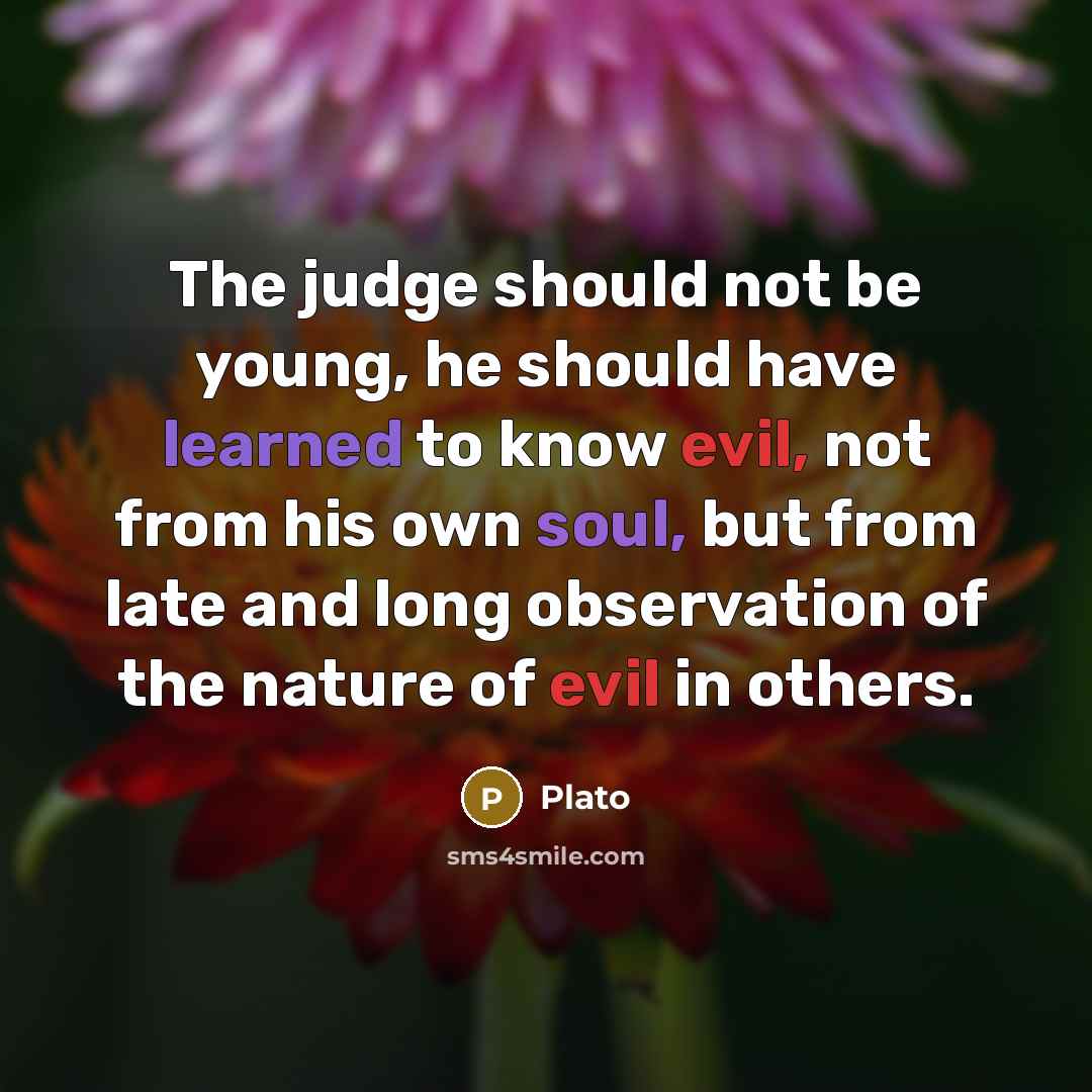 “The judge should not be young, he should have learned to know evil, not from his own soul, but from late and long observation of the nature of evil in others.” quote by Plato