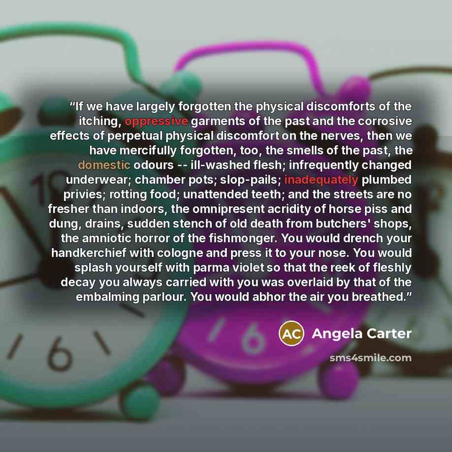 “If we have largely forgotten the physical discomforts of the itching, oppressive garments of the past and the corrosive effects of perpetual physical discomfort on the nerves, then we have mercifully forgotten, too, the smells of the past, the domestic odours -- ill-washed flesh; infrequently…” quote by Angela Carter
