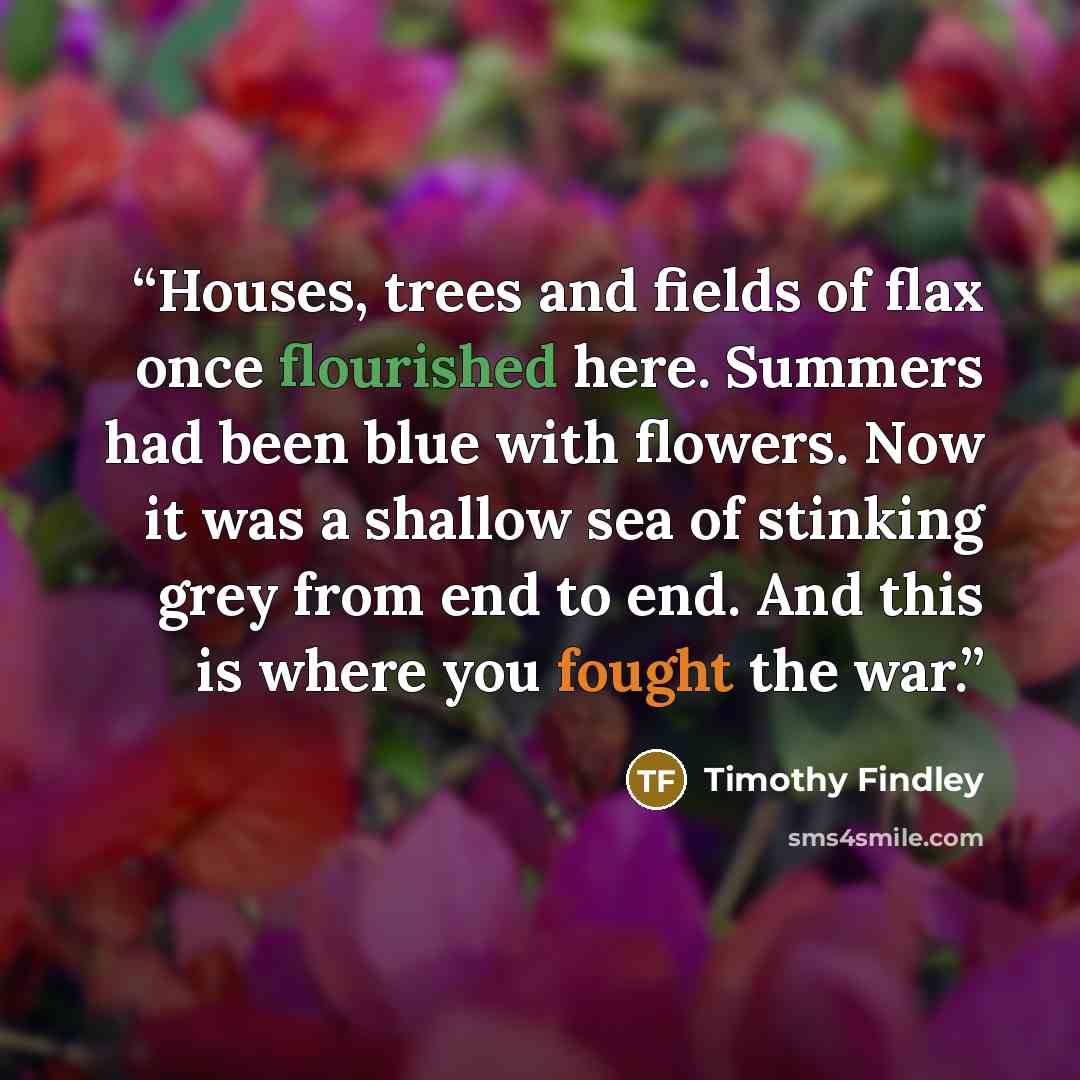 “Houses, trees and fields of flax once flourished here. Summers had been blue with flowers. Now it was a shallow sea of stinking grey from end to end. And this is where you fought the war.” quote by Timothy Findley