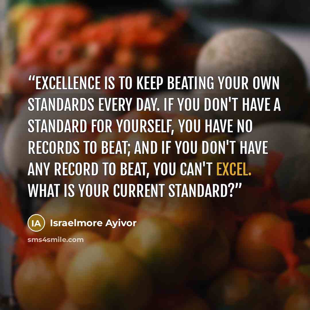 “Excellence is to keep beating your own standards every day. If you don't have a standard for yourself, you have no records to beat; and if you don't have any record to beat, you can't excel. What is your current standard?” quote by Israelmore Ayivor