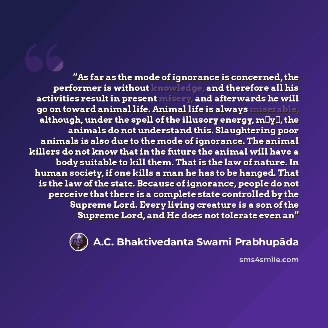 “As far as the mode of ignorance is concerned, the performer is without knowledge, and therefore all his activities result in present misery, and afterwards he will go on toward animal life. Animal life is always miserable, although, under the spell of the illusory energy, māyā, the animals do not…” quote by A.C. Bhaktivedanta Swami Prabhupāda