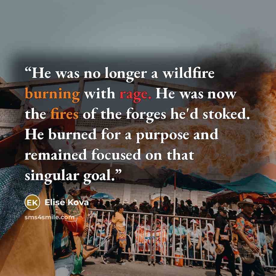 “He was no longer a wildfire burning with rage. He was now the fires of the forges he'd stoked. He burned for a purpose and remained focused on that singular goal.” quote by Elise Kova
