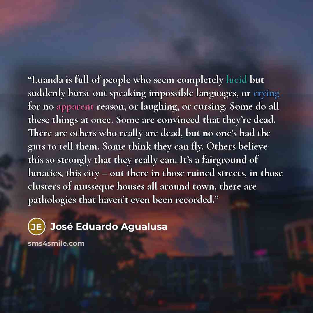 “Luanda is full of people who seem completely lucid but suddenly burst out speaking impossible languages, or crying for no apparent reason, or laughing, or cursing. Some do all these things at once. Some are convinced that they’re dead. There are others who really are dead, but no one’s had the…” quote by José Eduardo Agualusa