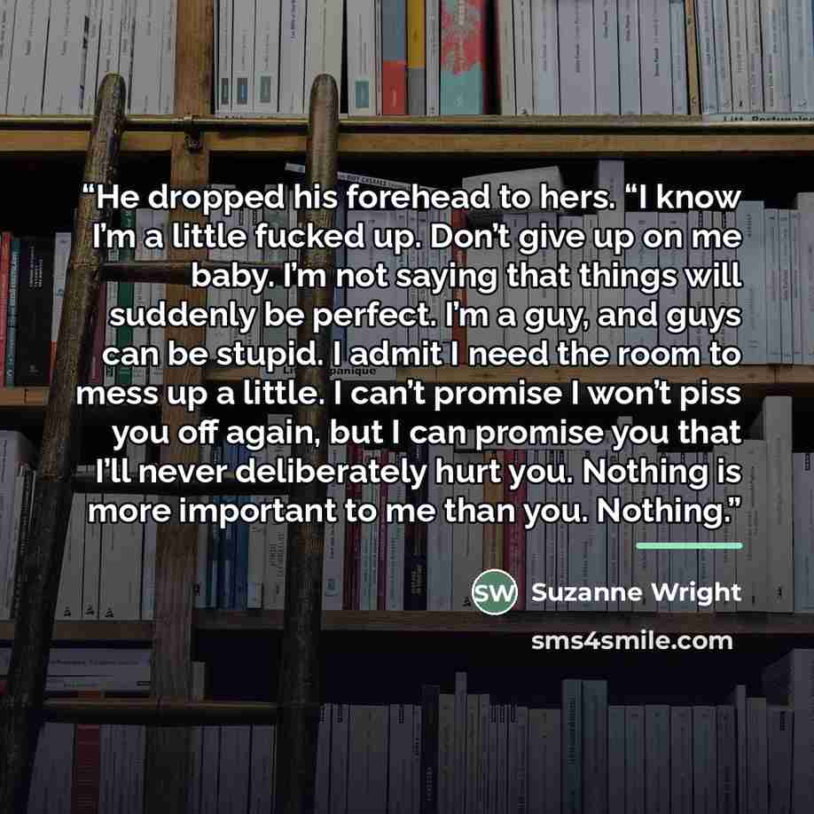 “He dropped his forehead to hers. “I know I’m a little fucked up. Don’t give up on me baby. I’m not saying that things will suddenly be perfect. I’m a guy, and guys can be stupid. I admit I need the room to mess up a little. I can’t promise I won’t piss you off again, but I can promise you that…” quote by Suzanne Wright